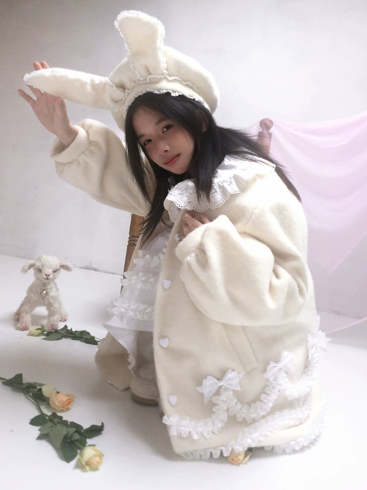 Lace Bow Puff Sleeve Wool Coat NA8270