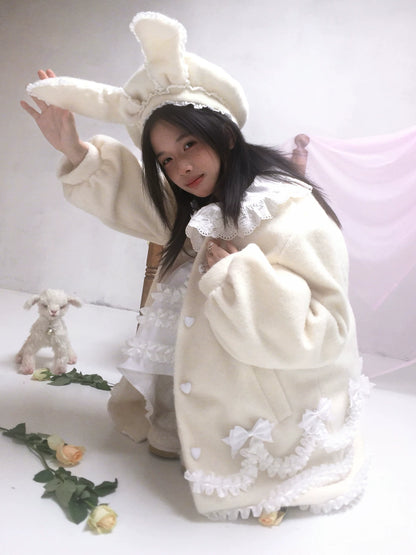 Lace Bow Puff Sleeve Wool Coat NA8270