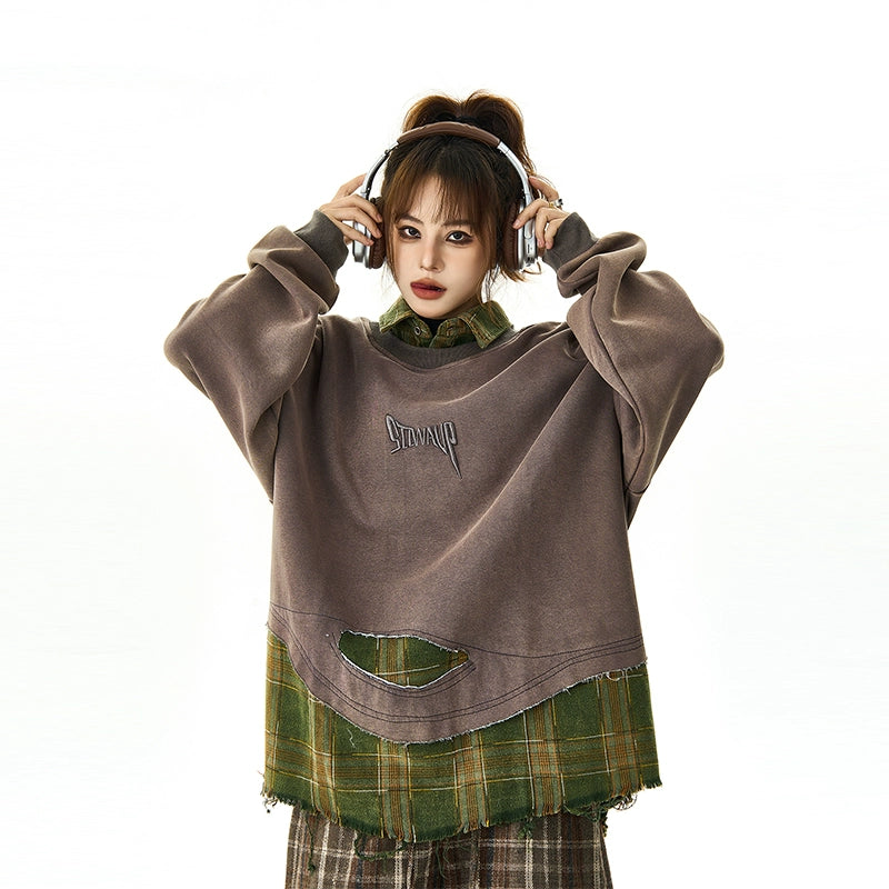 Plaid Stitching Fake Layered Sweatshirt NA2933