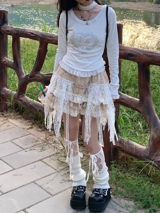 Lace Patchwork Tiered Irregular Short Skirt NA9282