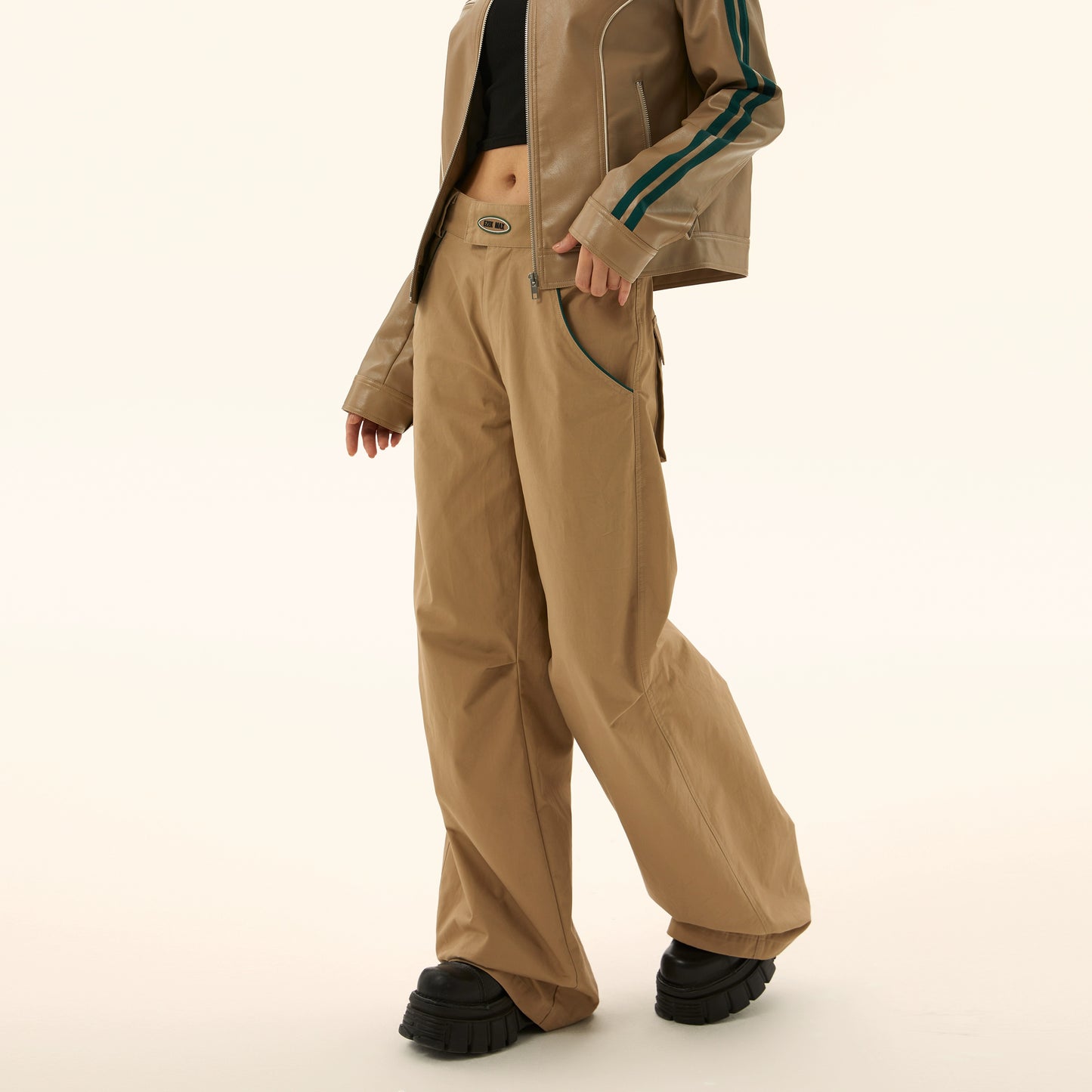 Short PU Leather Sports Jacket &amp; Wide-leg Pants NA2497