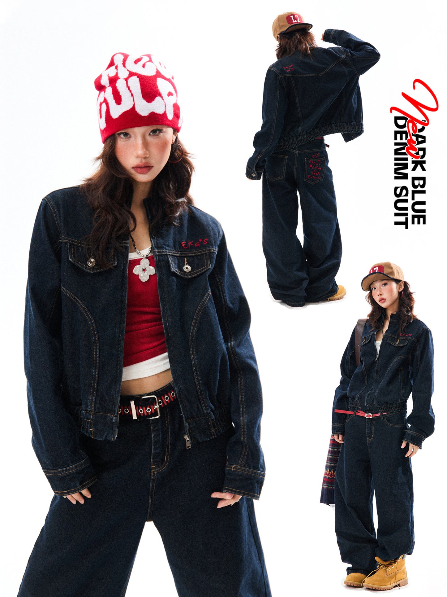 Embroidered Cropped Denim Jacket & Wide-Leg Denim Jeans Setup NA9420