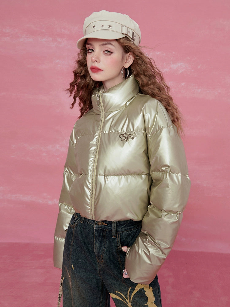 Glossy Short Stand Neck Thick White Duck Down Jacket NA6801