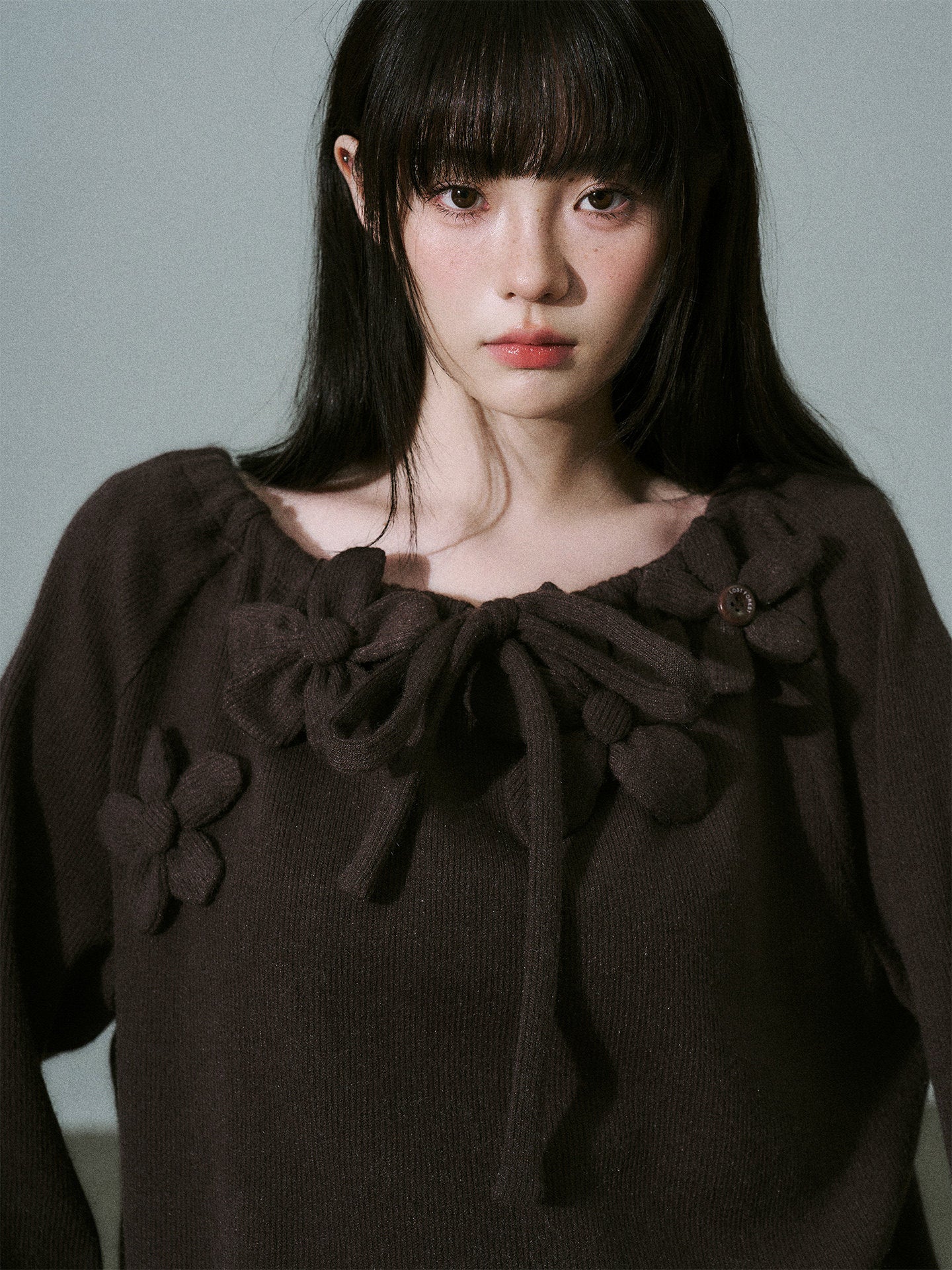 Handmade Flower Drawstring Wool Fake Layered Knit Sweater NA8802