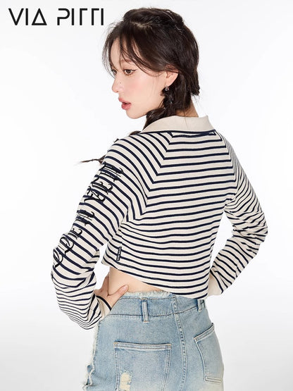 Striped Polo Collar Cropped Long Sleeve T-shirt NA4992