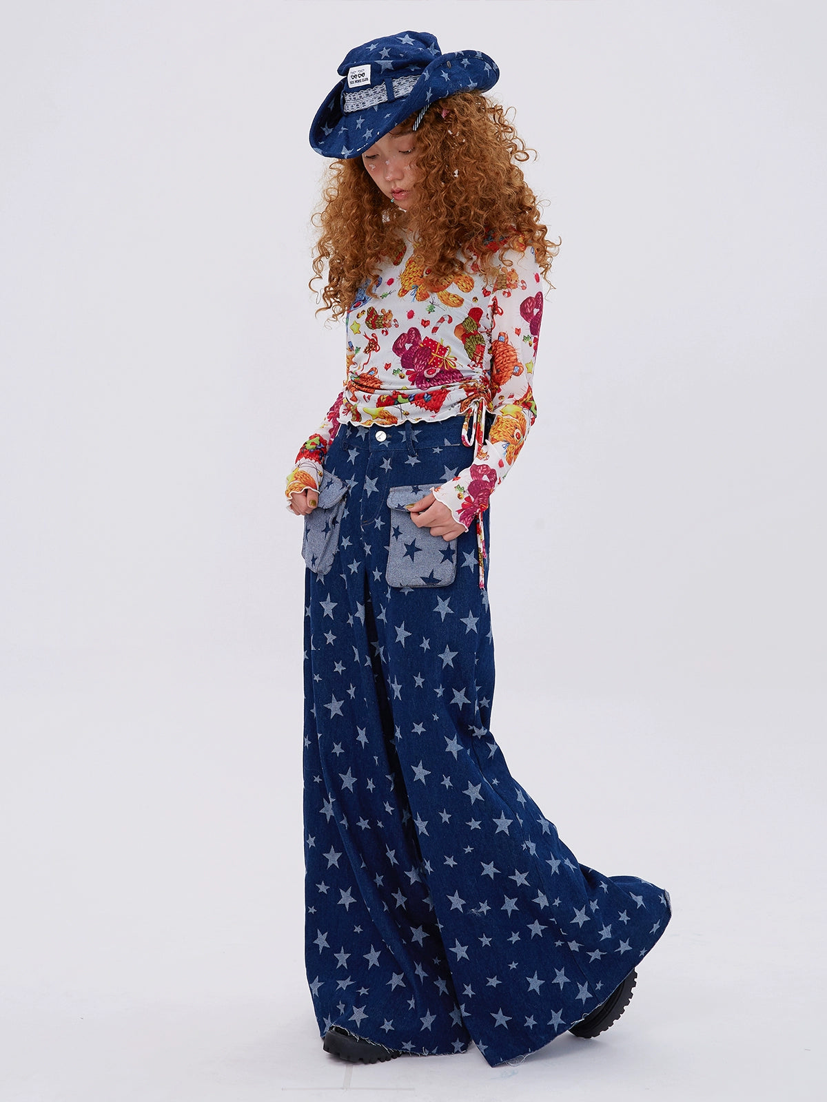 High-Waist Star Pattern Wide-Leg Denim Jeans NA6507