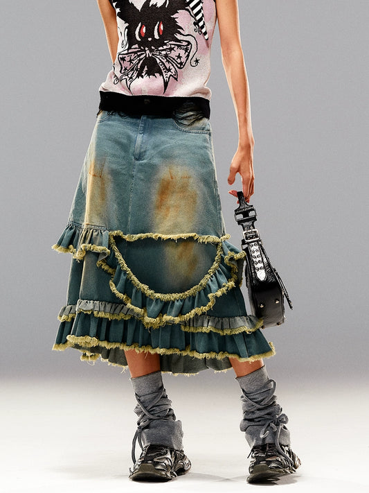 Raw Hem Ruffle Mud-Dye Denim Skirt NA6671