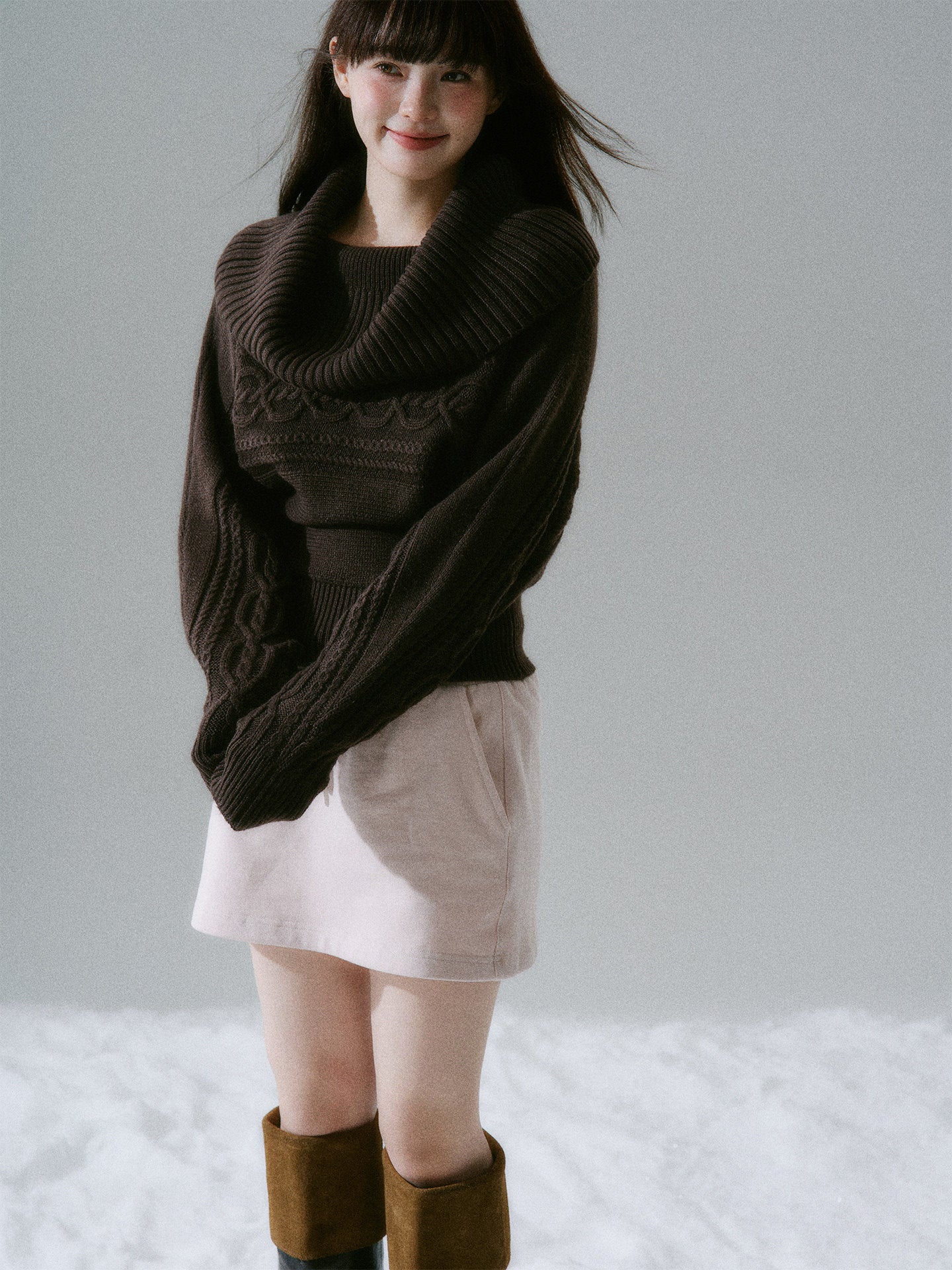 Ribbed Cowl Neck Cable Sleeve Knit Sweater NA8834