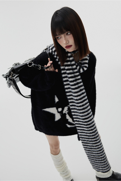Mohair Skull Pattern Oversize V-Neck Knit Cardigan & Striped Scarf NA8905