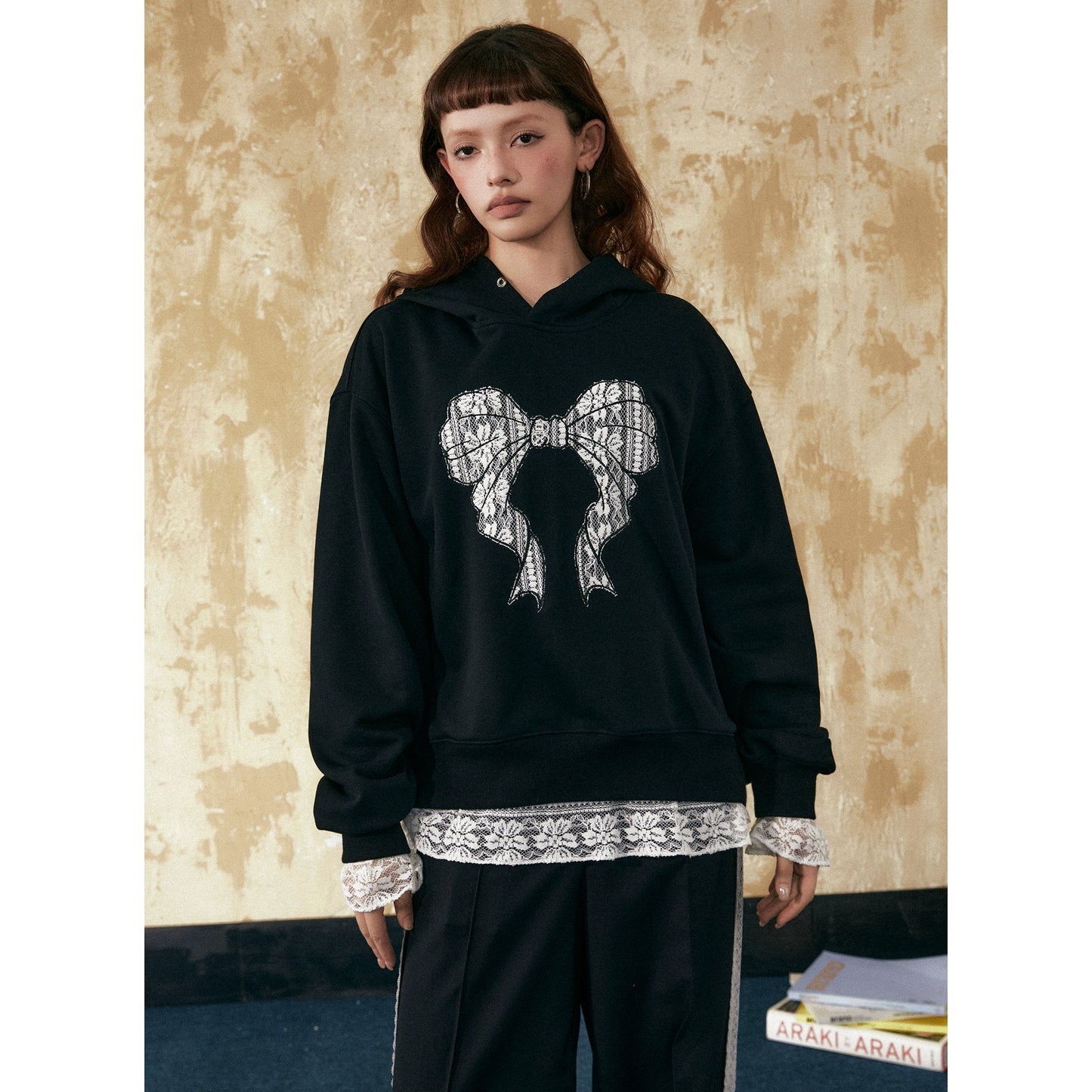 Ribbon Lace Patched Oversize Hoodie NA2461