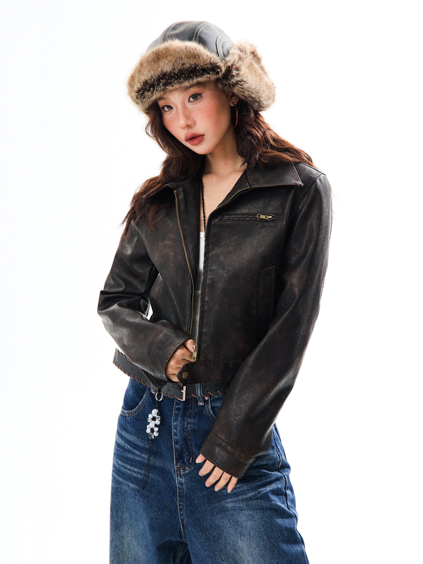 PU Leather Washed Zipper Short Length Jacket NA9387