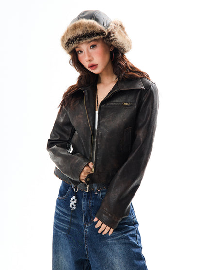 PU Leather Washed Zipper Short Length Jacket NA9387