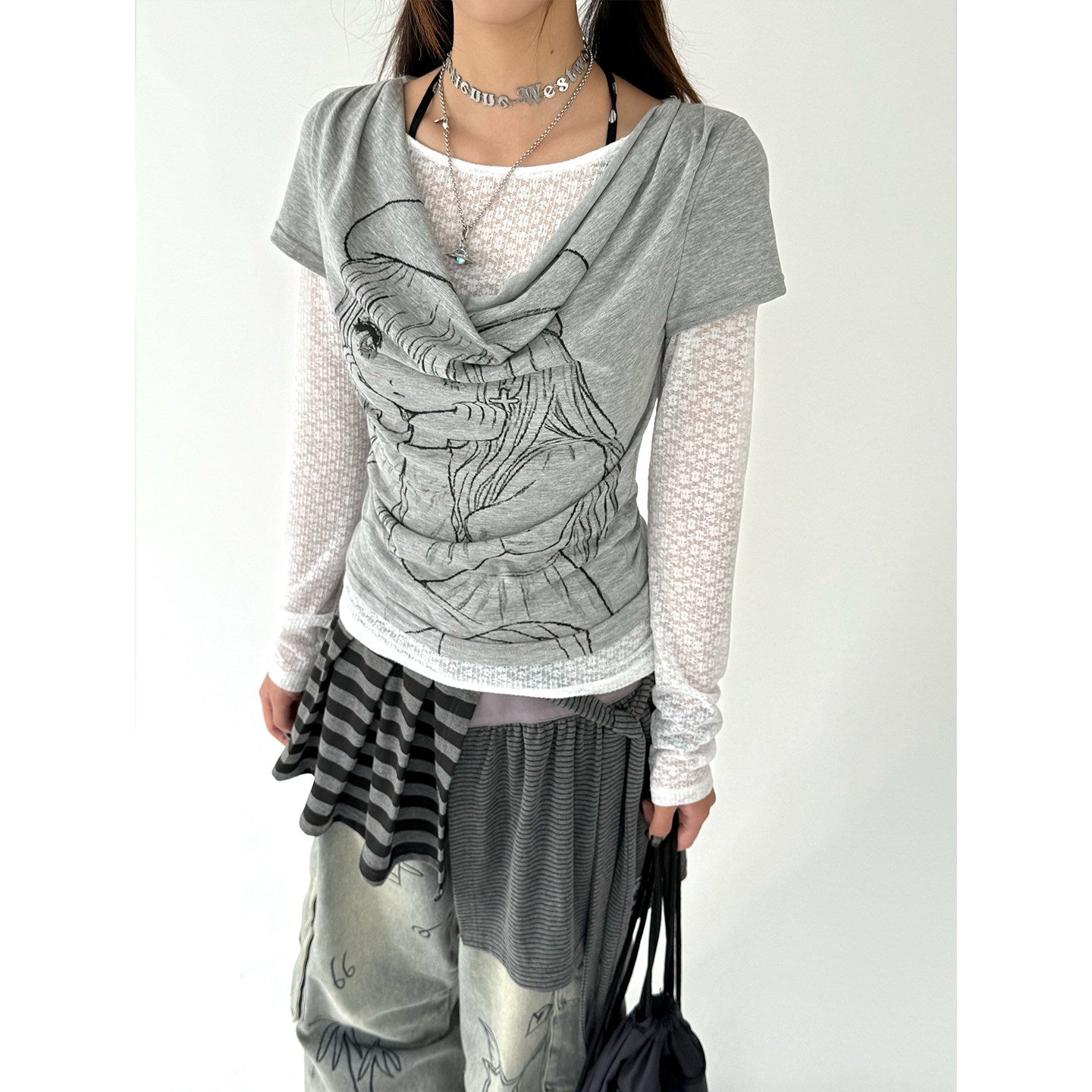 Fake Layered Draped Print Long Sleeve T-Shirt NA9242