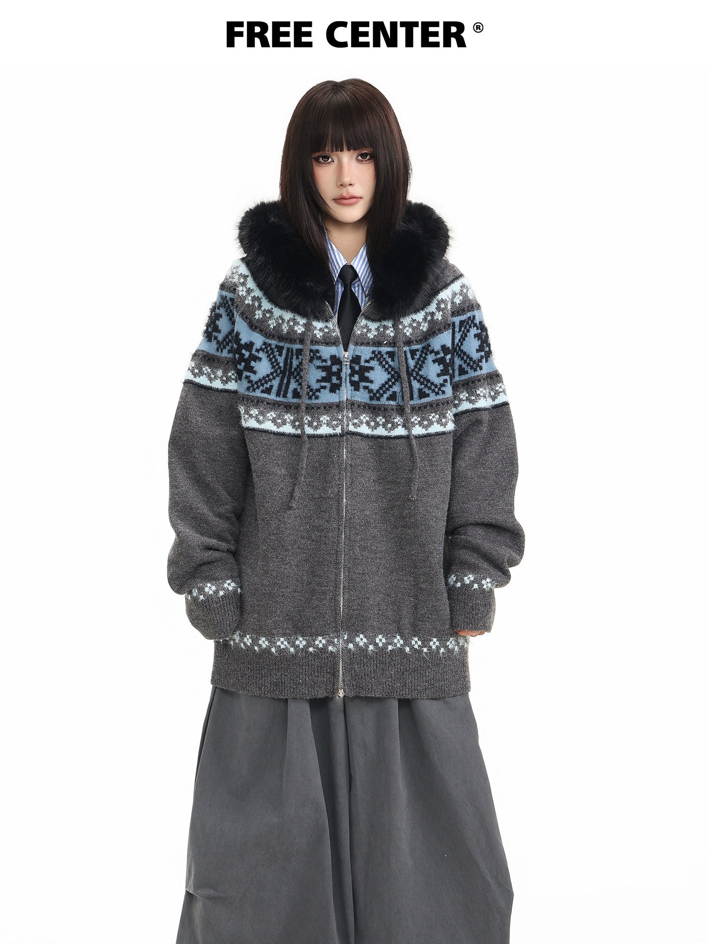 Fur Collar Fair Isle Hooded Knit Cardigan NA8868
