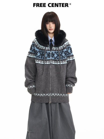 Fur Collar Fair Isle Hooded Knit Cardigan NA8868