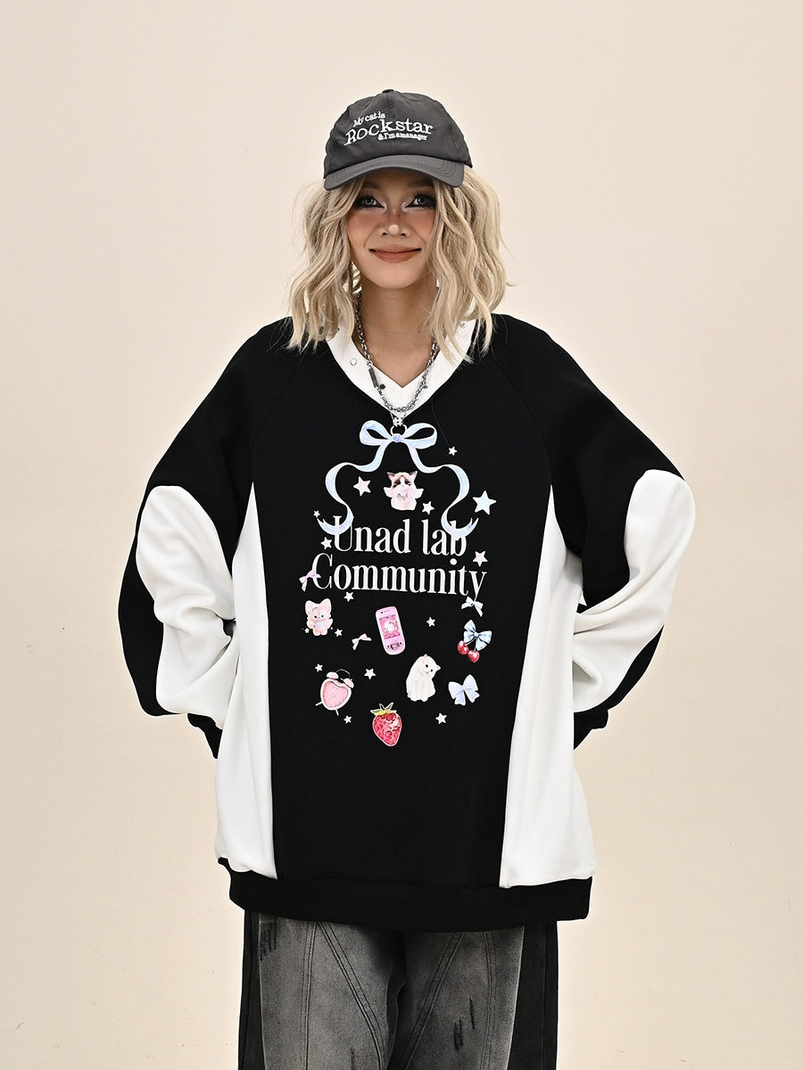 Contrast Color Cartoon Fleece-Linning Sweatshirt NA6374