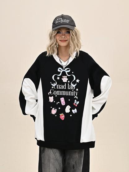 Contrast Color Cartoon Fleece-Linning Sweatshirt NA6374