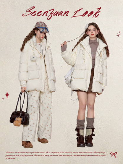 Ruffle-Trimmed White Duck Down Jacket NA6948