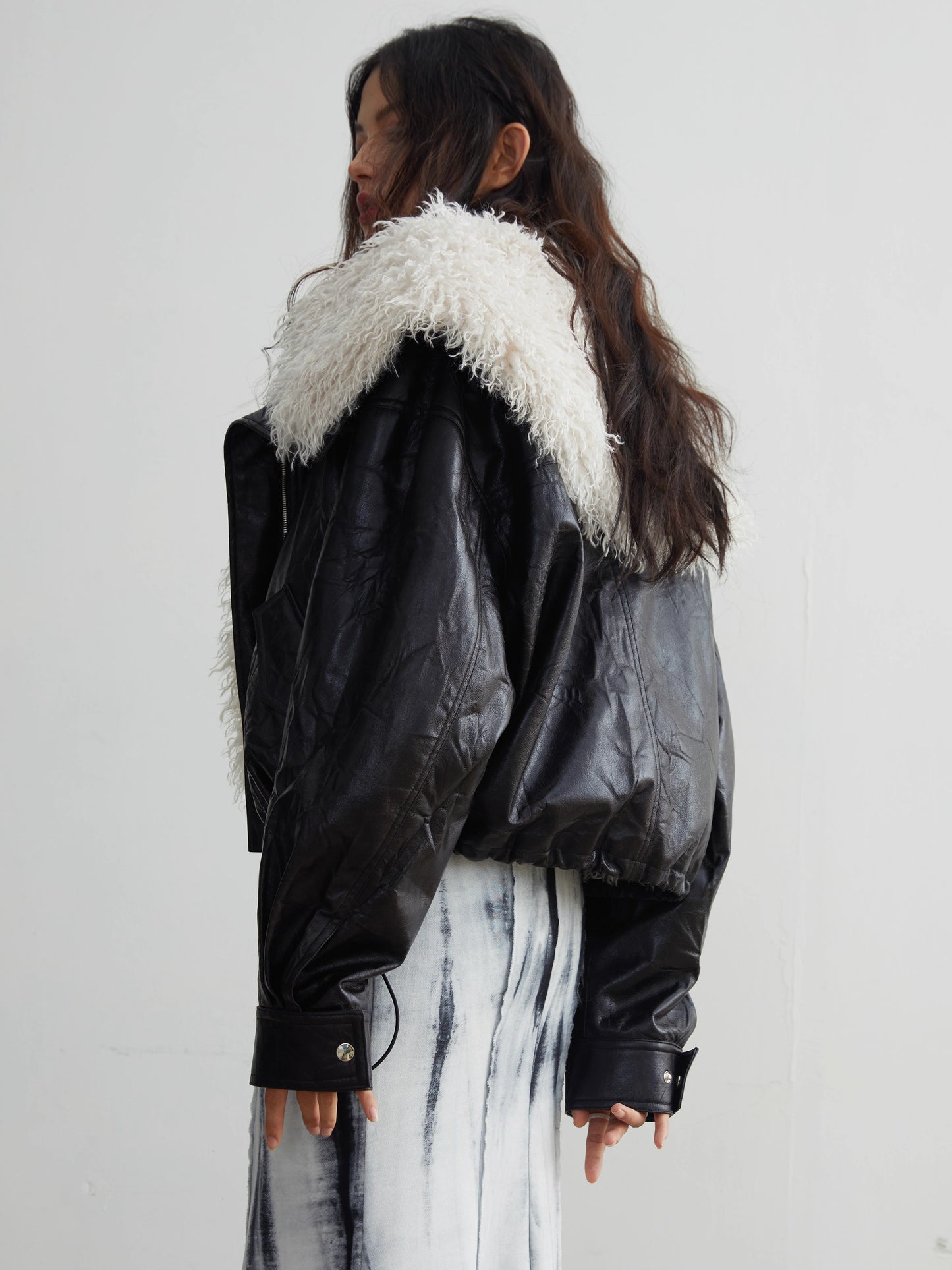 Detachable Large Fur Collar PU Leather Jacket NA5153