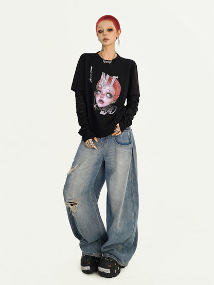 Cartoon Portrait Print Fake Layered Design Long Sleeve T-Shirt NA8604