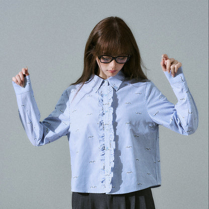 Ruffle Placket Striped Button-Up Long Sleeve Shirt NA8831