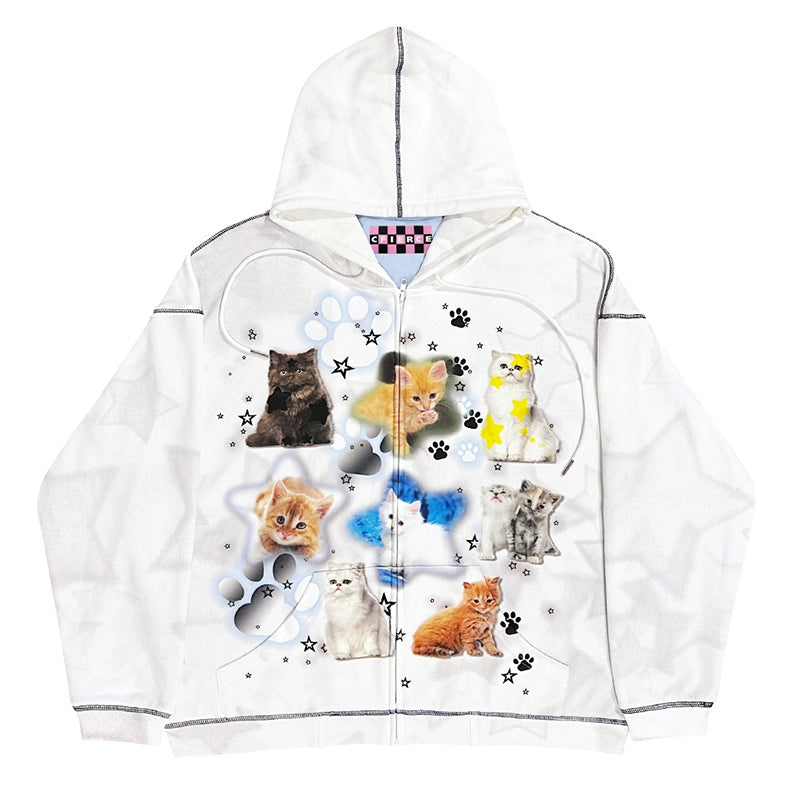 Cat Print Zipper Hoodie NA6620