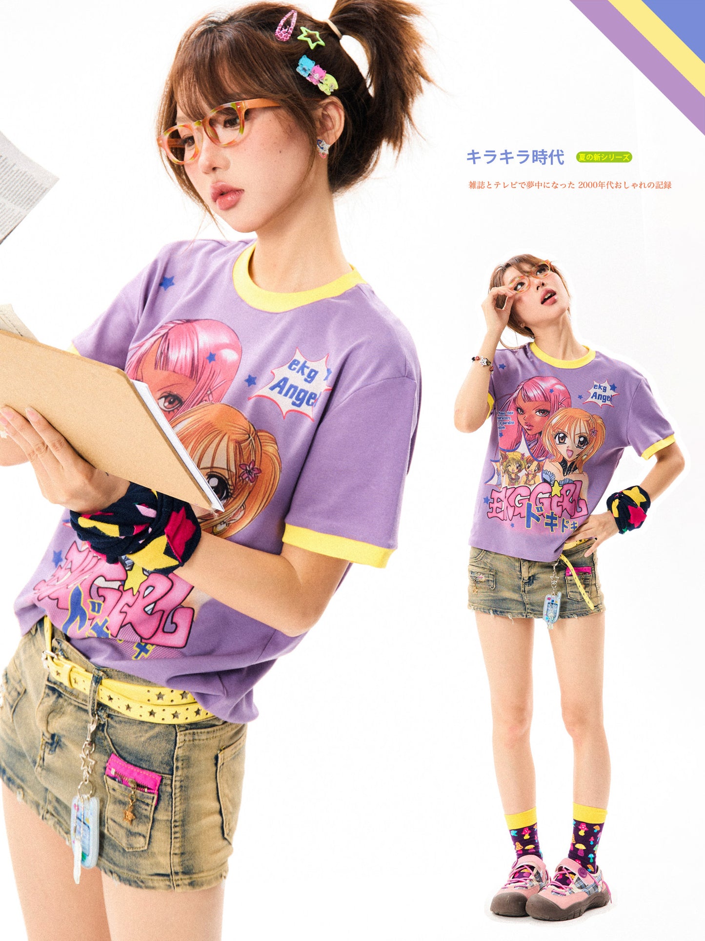 Girl Illustration Print Contrast Short Sleeve T-Shirt NS9322