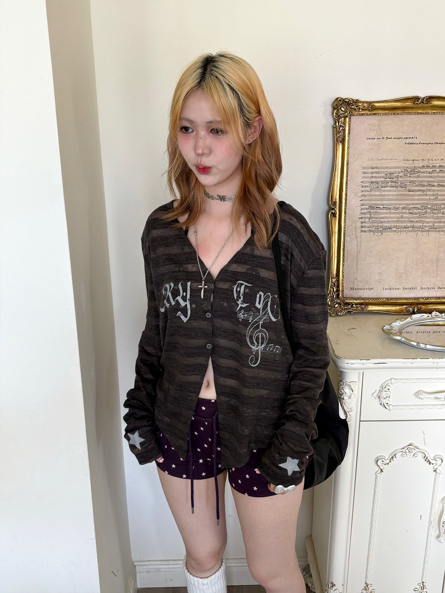 Striped Note Print Star Print Cardigan NA9275