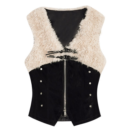 Fake Fur Patchwork V-Neck Slim PU Leather Vest & Ribbed High-Neck Knit Sweater NA8629