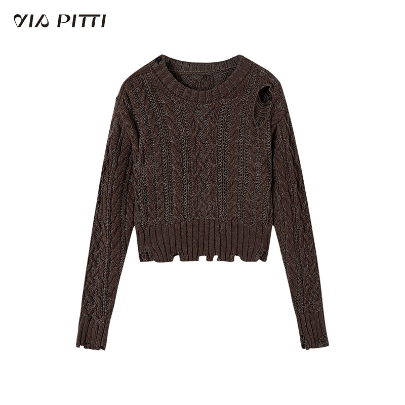 Round Neck Damaged Knit Sweater NA4792