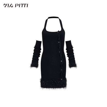 V-neck Furry Knit Cardigan & Arm Cover Hanging Neck Dress NA4809