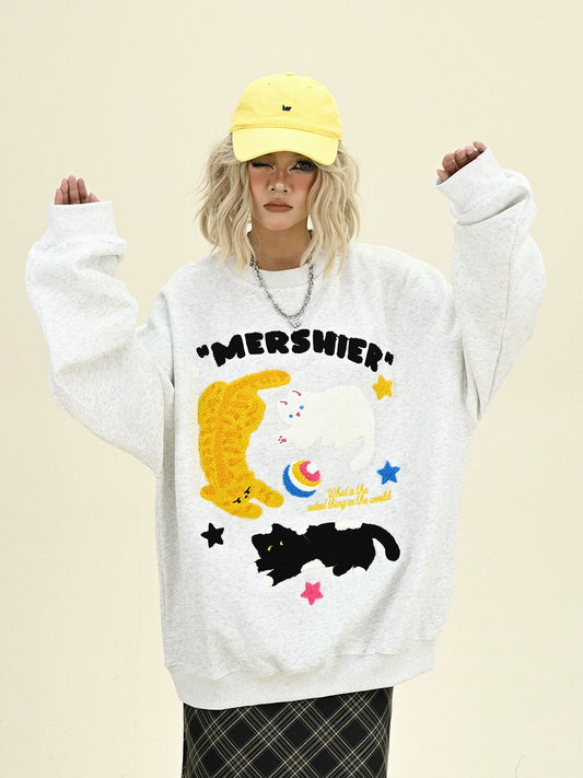 Cat Graphic Round Neck Oversize Sweatshirt NA6307