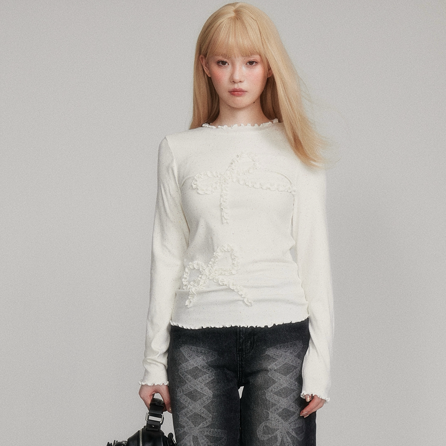 Dot Pattern Bow Lyocell Thermal Long Sleeve T-Shirt NA8781