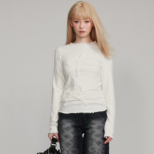 Dot Pattern Bow Lyocell Thermal Long Sleeve T-Shirt NA8781