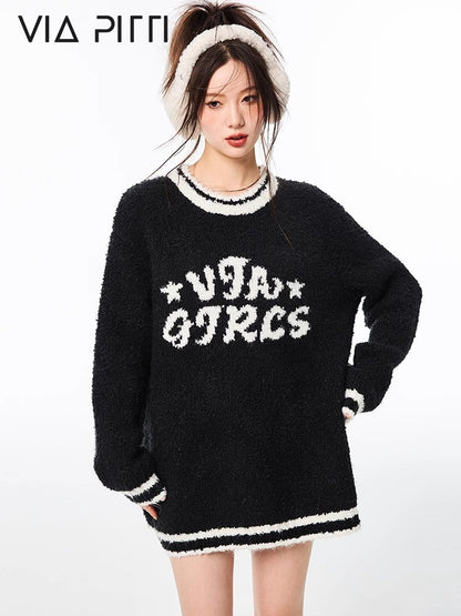 Contrast Letter Round Neck Knit Sweater NA4958