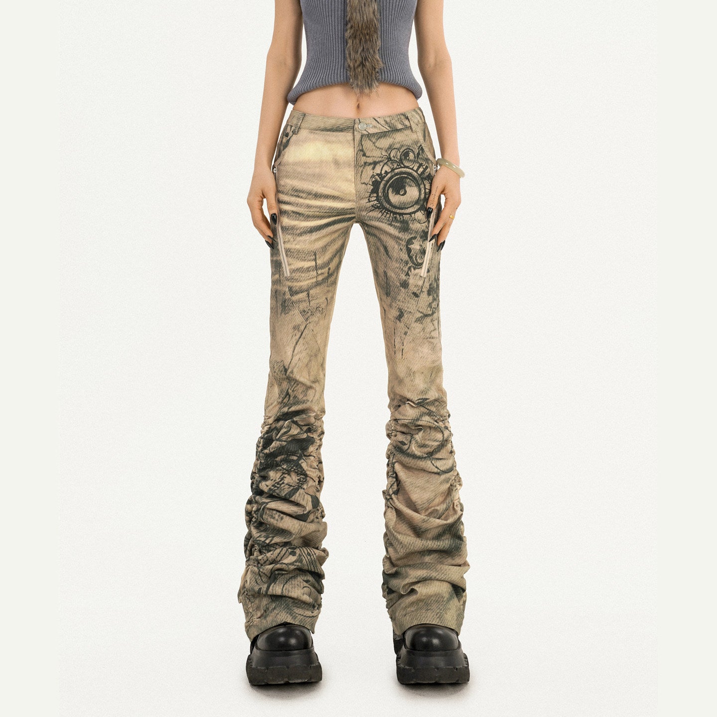 Ink Print Low Rise Stacked Flare Denim Jeans NA8585