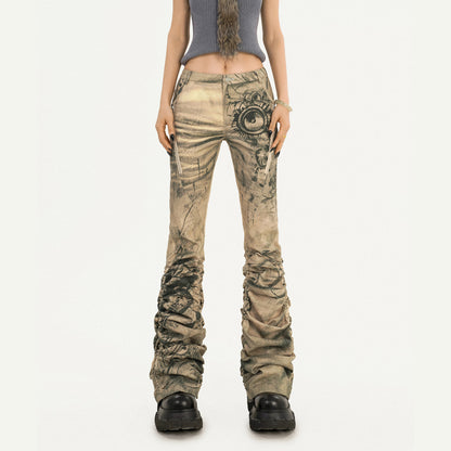 Ink Print Low Rise Stacked Flare Denim Jeans NA8585