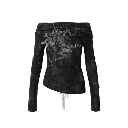 Off-Shoulder Print Slim Fit Long Sleeve T-Shirt NA9014