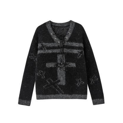 Cross Detail Drawstring Oversize V-Neck Knit Sweater NA8890