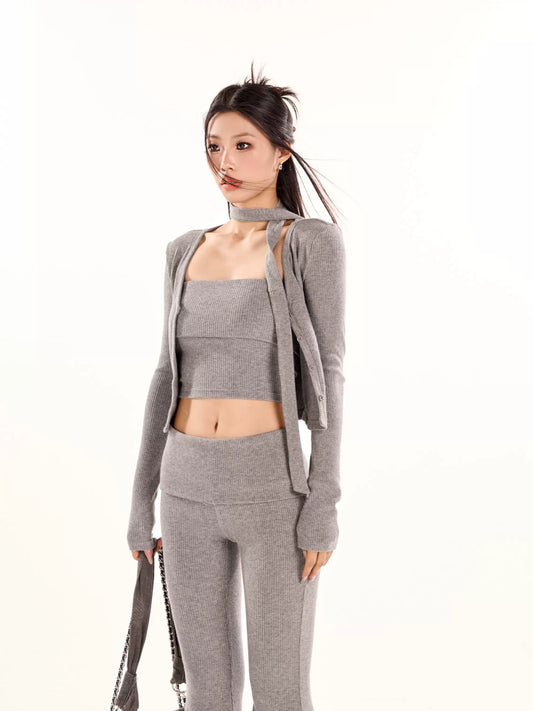 Long Sleeve Knit Cardigan & Tube Top & Slim Fit Flare Pants Setup NA3847