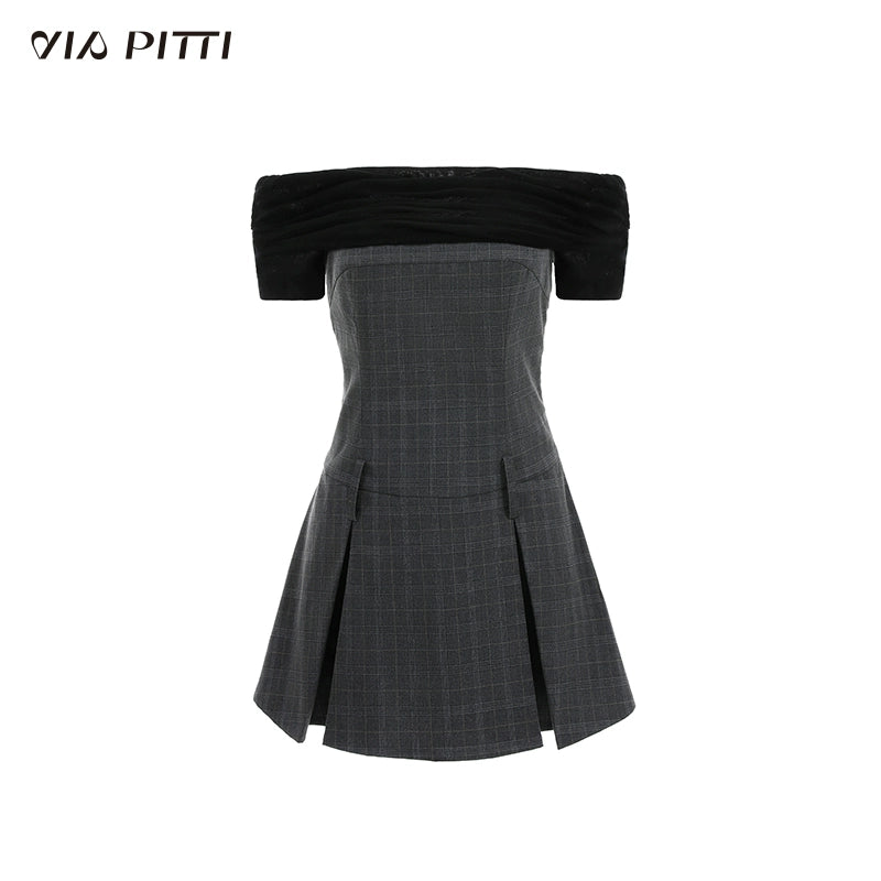 Plaid Panel Waist Fold Short Sleeve Dress NA4952