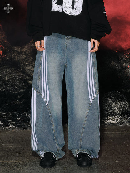 Stripe Line Washed Wide Leg Denim Jeans NA8941