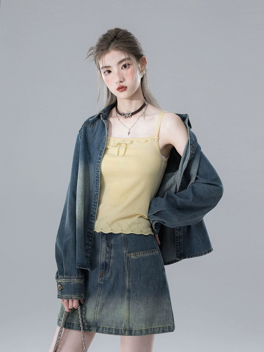 Gradient Contrast Edge Denim Shirt & Short Denim Skirt NA5576