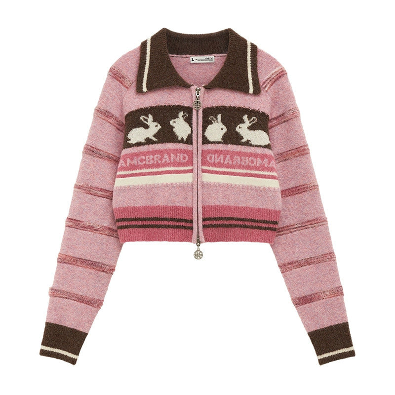 Striped Bunny Double Open Zipper Polo Knit Cardigan NA5760