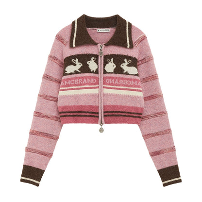 Striped Bunny Double Open Zipper Polo Knit Cardigan NA5760