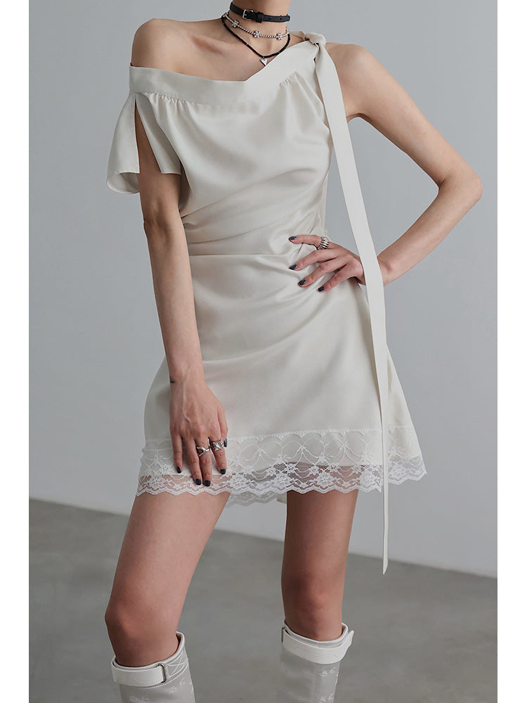 Asymmetric Shoulder Lace Up Dress NA4209