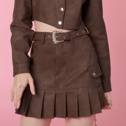 PU Leather Short Jacket & Short Pleats Skirt Setup NA6767