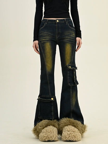 Fake Fur Flare Cargo Denim Jeans NA6286