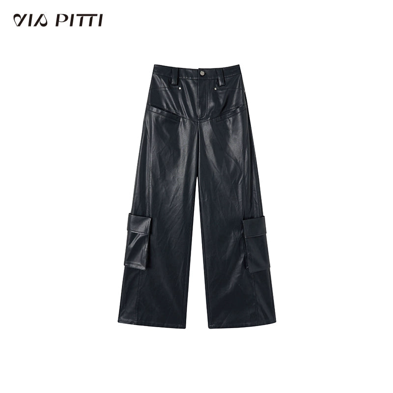 PU Leather Wide-Leg Straight Cargo Pants NA4754