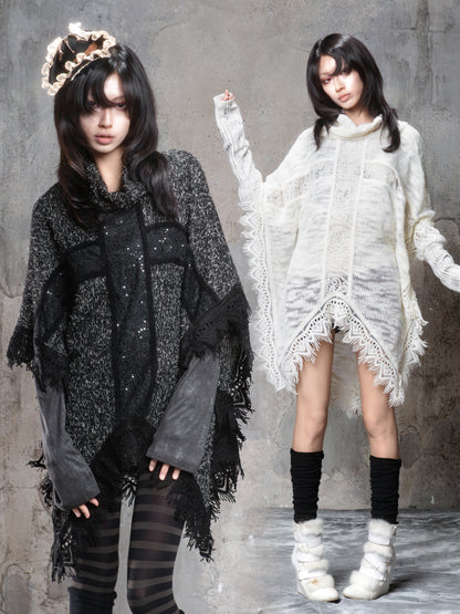 Punk Cross Cape Asymmetric Fringe Knit Sweater NA8355